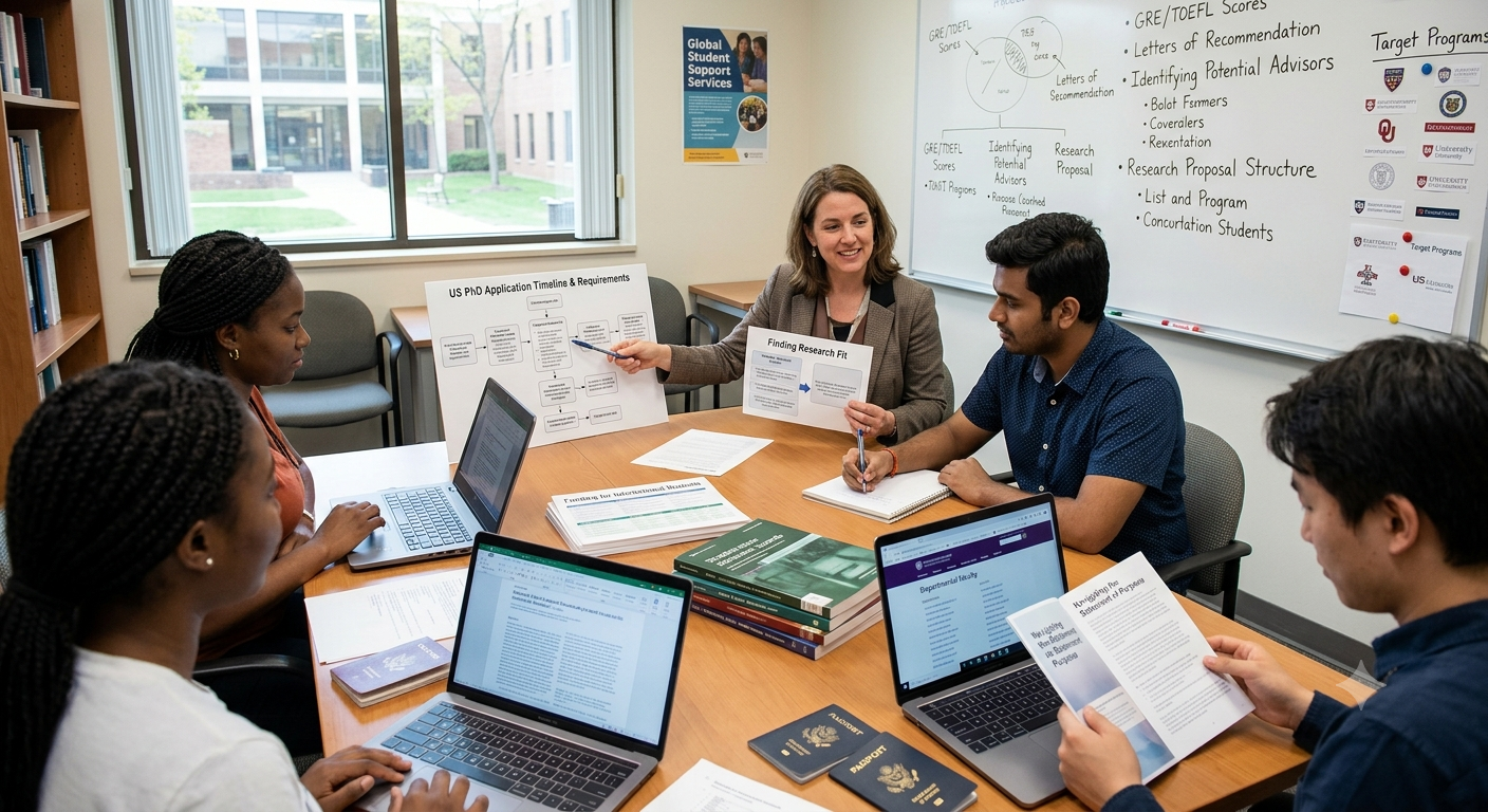 A prospective doctoral scholar reviewing US university campus guides, doctoral program eligibility requirements, and Statement of Purpose drafts at an academic advisory office.