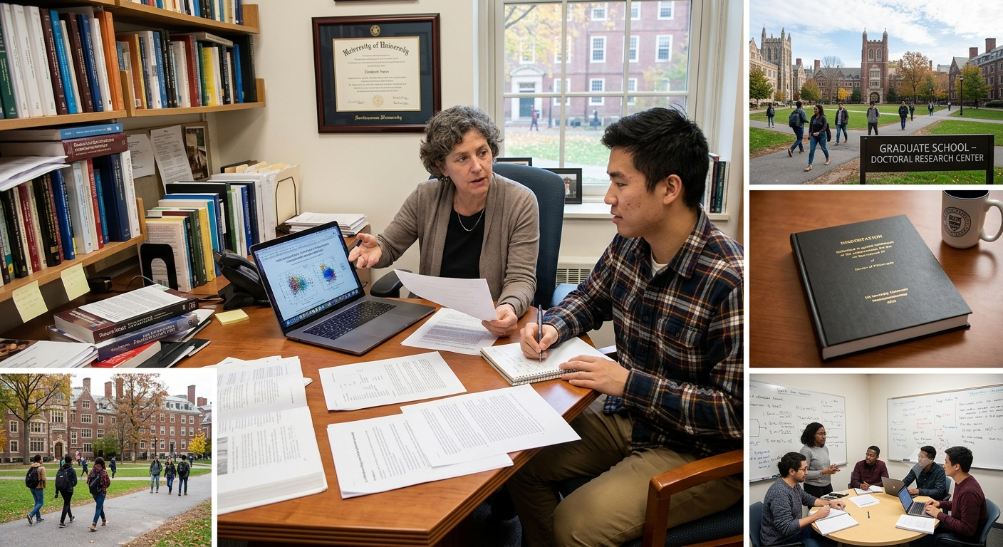 Senior academic mentors at PhD America in Gainesville, Florida reviewing doctoral dissertation proposals, theoretical frameworks, and peer-reviewed journal submission layouts with research scholars.